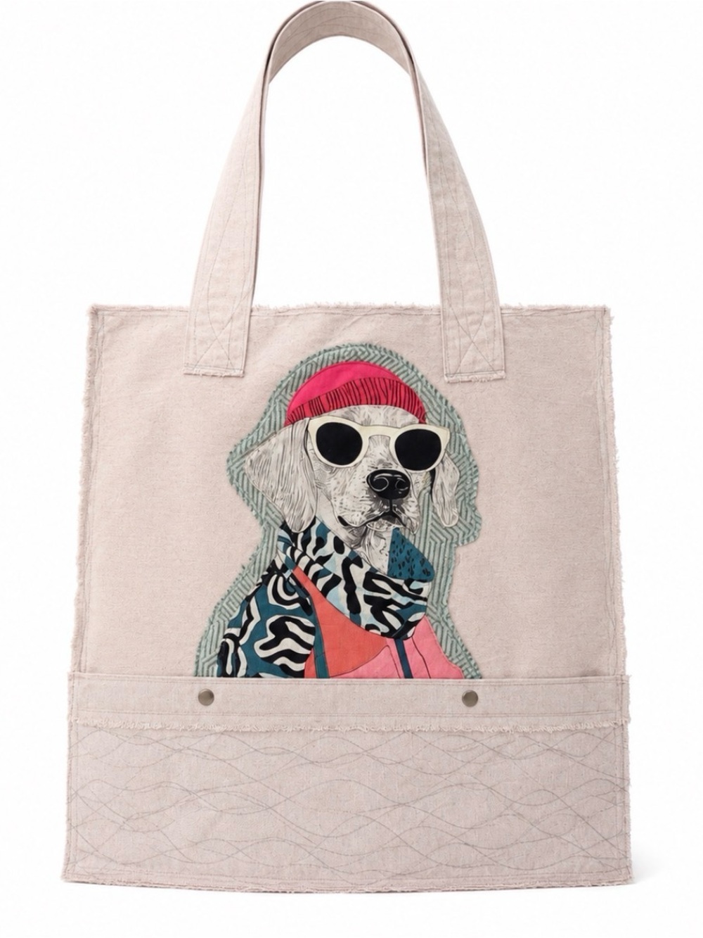 Handmade Oversized Cotton Canvas Tote Pop Art Dog Graphic Patch Boho Artisan Bag - Picture 3 of 11